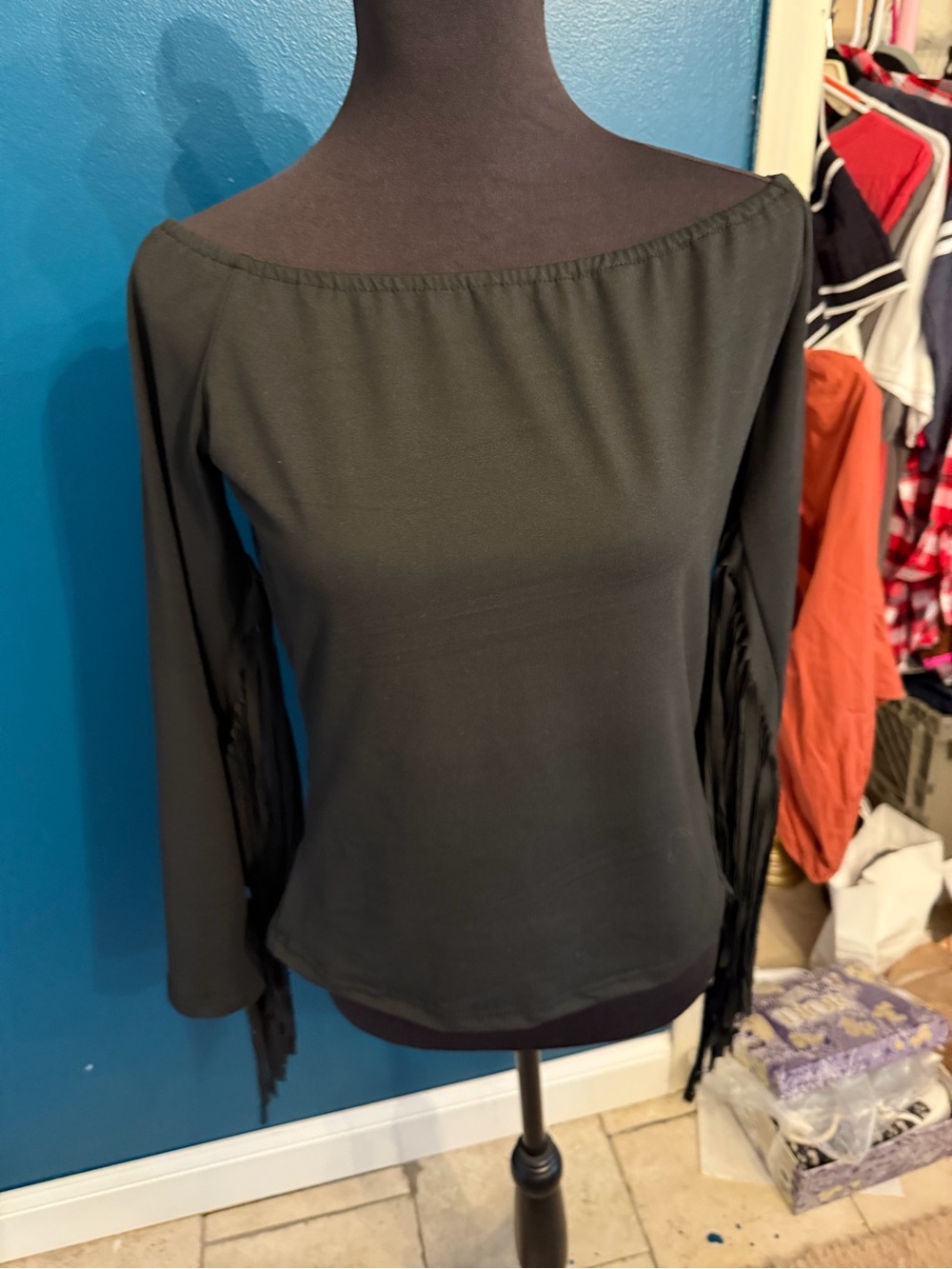 Off-Shoulder Black Fringe Sleeve Women's Top